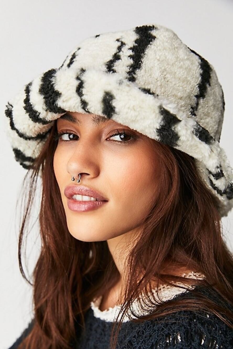 NEW Free People Shaggy Sherpa Bucket Hat Off White with Black Stripes One Size